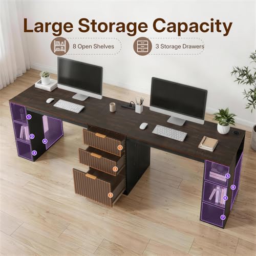 96.5" 2 Person Desk with Power Outlet & USB Ports, Double Computer Desk with Drawers & Storage Shelves, Modern Fluted Gaming Desk for Home Office, Black