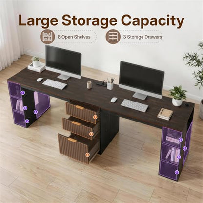 96.5" 2 Person Desk with Power Outlet & USB Ports, Double Computer Desk with Drawers & Storage Shelves, Modern Fluted Gaming Desk for Home Office, Black