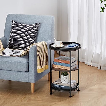 Dulcii Side Table, Round End Table with 3 Shelves for Living Room, Bedroom, Nightstand with Steel Frame for Small Spaces, Industrial Round Sofa Table, Outdoor Accent Coffee Table, Grey