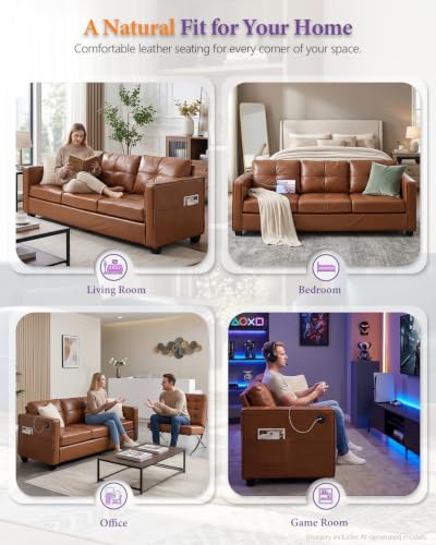 88" Brown Faux Leather Couch, 3 Seater Sofa with USB and Side Pockets