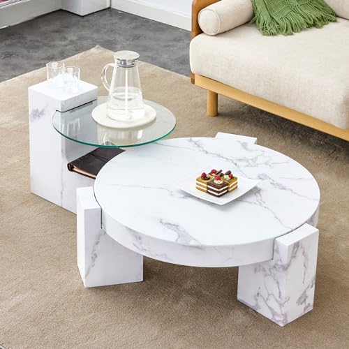 A Modern, Fashionable, and Marble texturedcoffee Table with a Side Table. Match with Multiple Scenes. Suitable for Living Room and Bedroom.