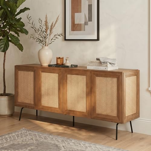 MOSSIC Modern Sideboard with 4 Doors, Natural Rattan Storage Cabinet, Buffet with Metal Legs, Boho Accent Cabinet for Living Room, and Entryway, Effortless Assembly, Teak Look
