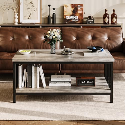 Coffee Table for Living Room with Slatted Sides Frame, Modern Farmhouse Living Room Table with 2-Tier Storage Shelf for Home Office, Apartment, Grey Wash, 39 inch
