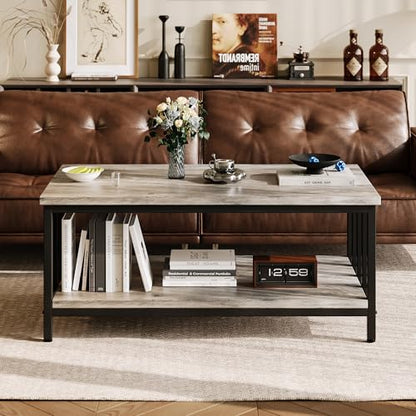 Coffee Table for Living Room with Slatted Sides Frame, Modern Farmhouse Living Room Table with 2-Tier Storage Shelf for Home Office, Apartment, Grey Wash, 39 inch