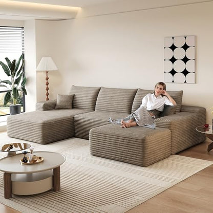 107" Comfy U-Shaped Sectional Modern Boneless Corduroy Couch with Chaise ‌and Ottoman‌ - No Assembly Required! Deep-Seat, Upholstered Modular Cloud Sofa for Living Room, Plush Corduroy Fabric(Camel)