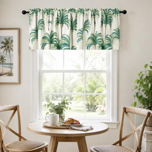 Kitchen Valances for Windows, Hood Leaves Print Linen Valance for Living Room Rod Pocket Curtain Panels 52 Inch Wide by 18 Inch Long, One Panel, Green