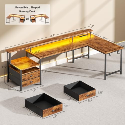 66'' L Shaped Computer Desk with Storage Drawers, Power Outlet, LED, view 4