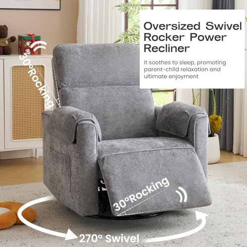 Oversized Power Recliner Chair with Adjustable Headrest, Swivel Rocking Recliner for Adults, 24" Extra Wide Glider Nursery Chair with Overstuffed Armrest for Living Room, USB Ports, Grey