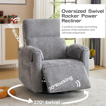 Oversized Power Recliner Chair with Adjustable Headrest, Swivel Rocking Recliner for Adults, 24" Extra Wide Glider Nursery Chair with Overstuffed Armrest for Living Room, USB Ports, Grey