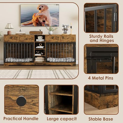 82" Double Dog Crate Furniture with Drawers and Shelves, Brown, view 7