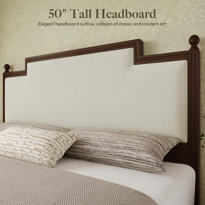 King Size Bed Frame with 50.2" Tall Upholstered Headboard, Walnut, view 5