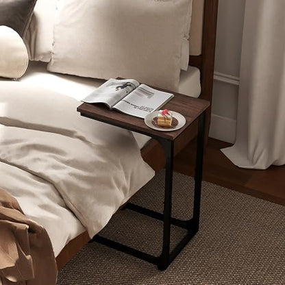 C Shaped End Table,Under Couch Slider, Walnut | Skandiquip Wood C Shaped Side Table, Sliding Under Sofa End Table, Laptop Snack Table for Living Room, Bedside & Recliner