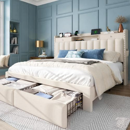 Queen Bed Frame with 2-Tier Storage Headboard and 4 Drawers, Linen Fabric, view 2