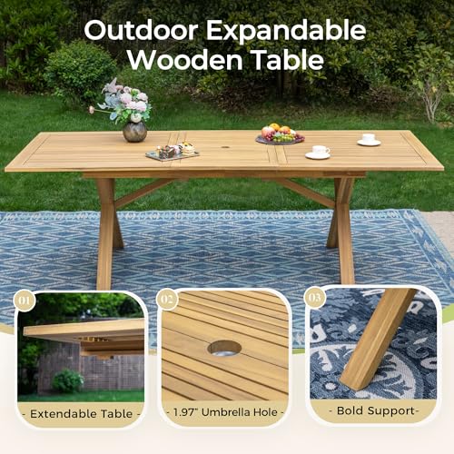 Acacia Wood Outdoor Dining Set, 7 Pieces Patio Dining Table and Chairs Set, Expandable Dining Table(1.97" Umbrella Hole) and 6 Wooden Chairs, Patio Furniture Set for Deck Poolside Backyard