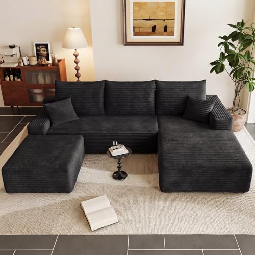 95" Cloud Sectional Couch with Ottoman,Modern U-Shaped Cloud Couch with Deep Seat,Comfy Corduroy 3-Seater Sofa,Memory Foam Sofa for Living Room,No Assembly (Black,Right-Facing Chaise)