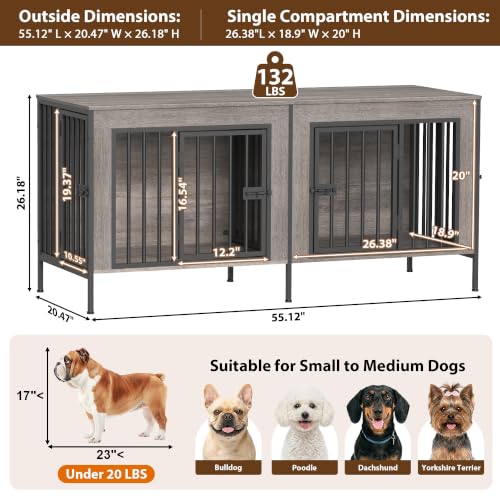 55" Wooden Double Dog Crate Furniture, Removable Divider, Oak Grey, view 7