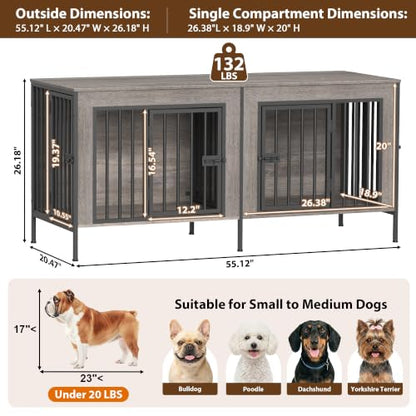 55" Wooden Double Dog Crate Furniture, Removable Divider, Oak Grey, view 7