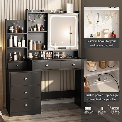 Vanity Desk with Mirror and Lights, Makeup Vanity with 6 Drawers and Shelves, Dressing Table with Power Outlet, Makeup Desk with Led Lighted Mirror in 3 Colors, for Bedroom, Black