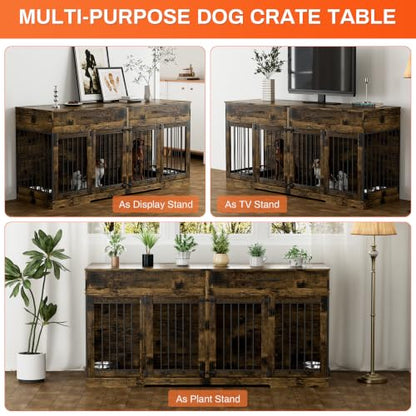 72" Double Dog Crate Furniture with Drawers and Divider, Brown, view 6