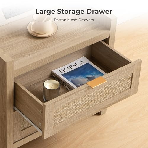 Rattan Nightstand Set of 2 for Bedroom, Bedside Table with Drawers, view 6