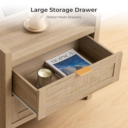 Rattan Nightstand Set of 2 for Bedroom, Bedside Table with Drawers, view 6