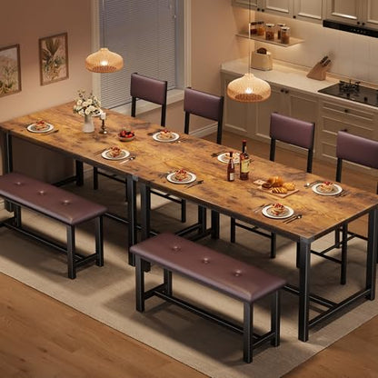Dining Table Set for 4, Kitchen Table with 2 Upholstered Chairs and Bench, Wood Kitchen Dining Room Set, for Small Space, Apartment, Home, Kitchen, Retro Brown