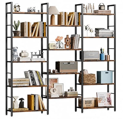 Triple 5 Tier Bookshelf, Industrial Large Bookcase with 14 Open Display Shelves, Large Etagere Bookshelf,Wide Book Shelf Book Case for Home & Office, Brown