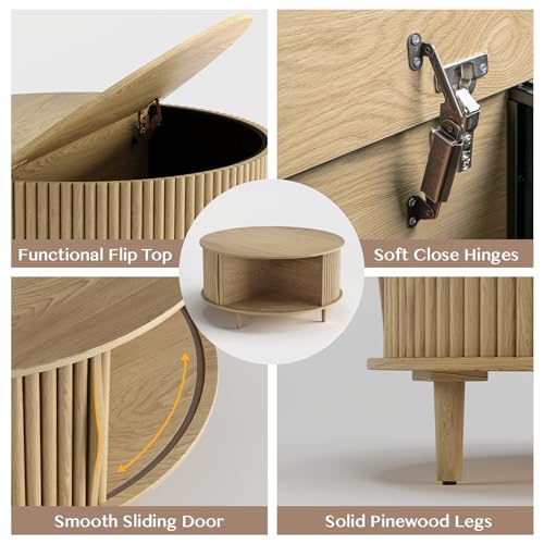 Round Coffee Table with Storage, 31.5" Natural Oak Drum Table for Small Space, Fluted Wood Center Table with Hidden Compartment, Modern Farmhouse Furniture for Living Room Organization