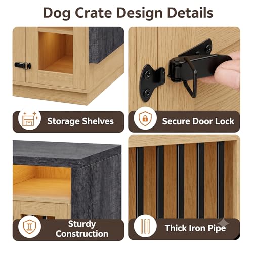 Furniture Dog Crate, 71" Double Dog Crate Furniture Natural & Grey, view 5