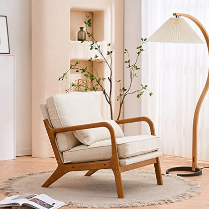 Mid-Century Accent Reading Chairs Set of 2, Beige | Linen Upholstered, Solid Wood Frame, Soft Cushion, Lumbar Pillow, Lounge Armchair for Living Room, Bedroom, Balcony, Study