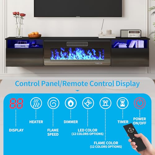 70" Floating TV Stand with 36" Electric Fireplace Heater, Black, view 7