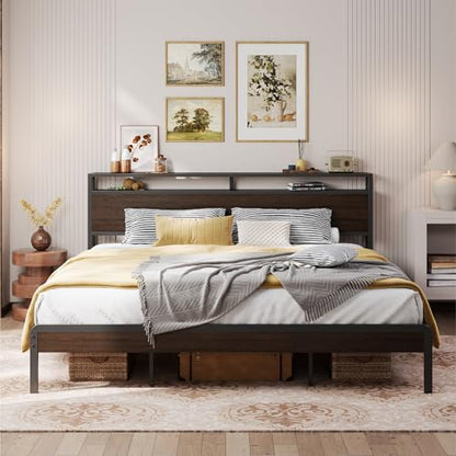 California King Bed Frames with 2-Tier Storage Shelf Headboard, view 2