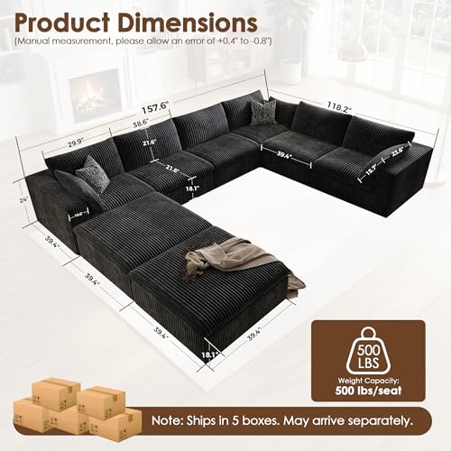 157.6" Cloud Couch Oversized Modular Sectional Sofa, Boneless U-Shaped 8 Seater Deep Seat Couch with Ottoman, Soft Corduroy Upholstery, DIY Combination for Living Room, No Assembly Required, Black