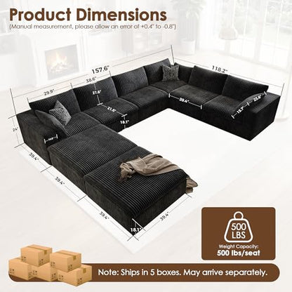 157.6" Cloud Couch Oversized Modular Sectional Sofa, Boneless U-Shaped 8 Seater Deep Seat Couch with Ottoman, Soft Corduroy Upholstery, DIY Combination for Living Room, No Assembly Required, Black