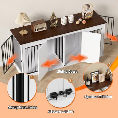 71" Double Dog Crate Furniture, Wooden Indoor Dog Kennel with Removable Divider, view 7