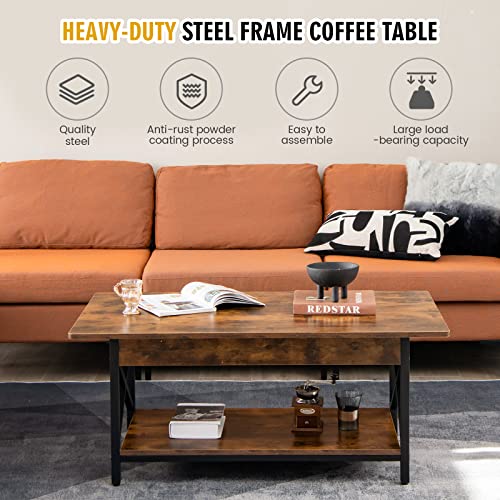 Industrial Coffee Table, 2-Tier Wood Cocktail Tea Table with Storage Shelf and X-Shape Steel Frame, Rectangle Sofa Side Accent Table for Living Room Home Office, Rustic Brown