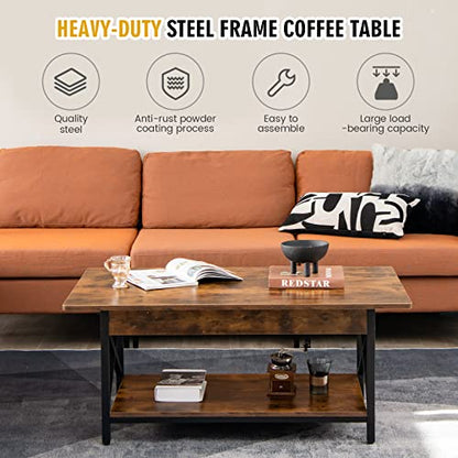Industrial Coffee Table, 2-Tier Wood Cocktail Tea Table with Storage Shelf and X-Shape Steel Frame, Rectangle Sofa Side Accent Table for Living Room Home Office, Rustic Brown
