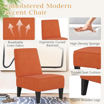 Accent Chairs Set of 2 Upholstered Living Room Chairs Armless Side Chairs Bedroom Chairs with Curved Backrest and Wooden Legs Orange