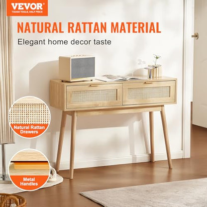 Rattan Console Table with 2 Storage Drawers, Rattan Entryway Table with Natural Rattan Sliding Door, Console Sofa Table for Living Room, Study, Entryway Or TV Wall, Natural