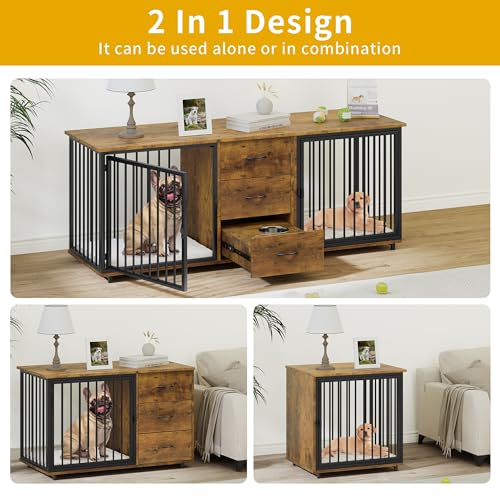 74 Inch Double Dog Crate Furniture for 2 Dogs & 2 Feeder Bowls, view 6