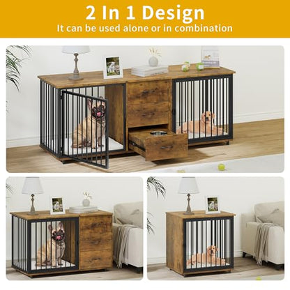 74 Inch Double Dog Crate Furniture for 2 Dogs & 2 Feeder Bowls, view 6