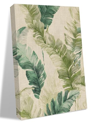 NuYeBiofx Rustic Botanical Palm Leaves Canvas Wall Art Prints,48"x32" Framed Picture Artwork Watercolor Tropical Foliage Linen Printed Canvas Oil Painting for Living Room Bedroom Office,Ready to Hang