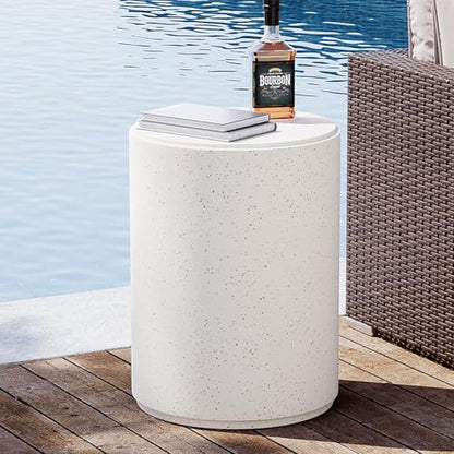 Outdoor Concrete Side Table, 20" H Outdoor End Tables, Cement Accent Table for Patio, Round Modern Garden Small Garden Stool for Patio, Backyard, Spotted White