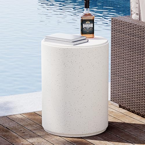 Spotted white round concrete outdoor side table, view 2