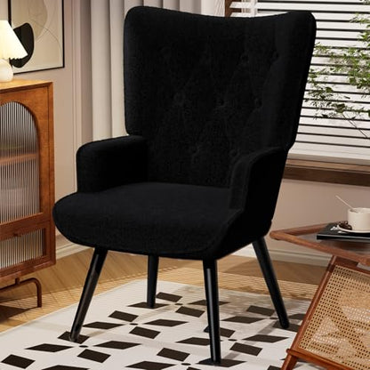 Accent Chair, Comfy Upholstered Teddy Fabric Armchair with Metal Legs, High Backrest Living Room Chair, Wingback Chair Mid Century Modern for Living Room/Vanity/Bedroom (1, Black) (1)