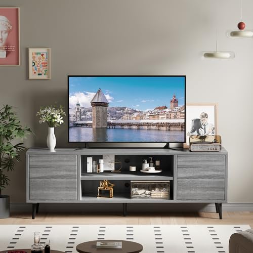 Mid Century Modern TV Stand for 65 inch TV, Entertainment Center with Storage, Media Console with Sturdy Legs, Push-to-Open Cabinets, Wooden Living Room Furniture, Bright Gray