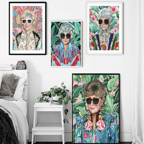80s Artwork Fashion Golden Wall Art Girls Poster Sophia Petrillo With Sunglasses Poster For Woman Room Decor Estelle Getty Tropical Canvas Prints (L24"xW16"-WoodFrame Ready to Hang) Painting For Girl Dorm Home Decor