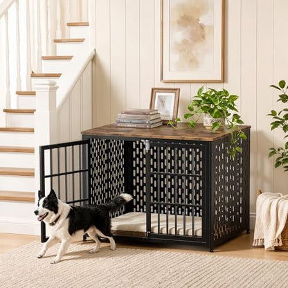 Dog Crate Furniture 42in, Heavy Duty End Table with Perforated Steel Chew-Proof Panels, Escape-Proof Indoor Dog Kennel for Large Dogs (60-90 lbs) Waterproof & Scratch-Resistant