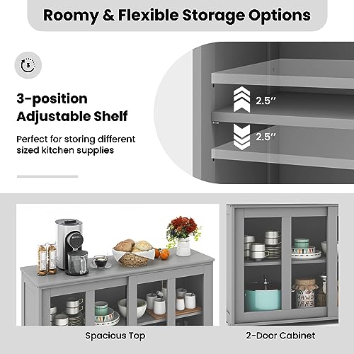 Buffet Sideboard with Storage, 2-Door Floor Cupboard | Sliding Tempered Glass Cabinet & Adjustable Shelf, Stackable Storage Cabinet for Kitchen, Entryway (Gray)
