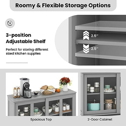 Buffet Sideboard with Storage, 2-Door Floor Cupboard | Sliding Tempered Glass Cabinet & Adjustable Shelf, Stackable Storage Cabinet for Kitchen, Entryway (Gray)